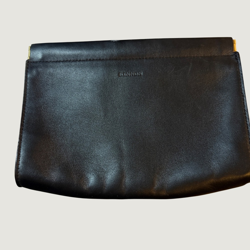 KINNON Black Leather Clutch Bag Tension Frame Hinge Closure Minimalist